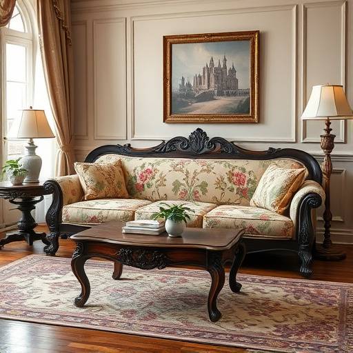 Klassisk stue med en elegant tresofa med blomstermønster og et antikt salongbord