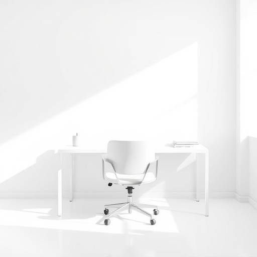Minimalistisk kontor med en hvit pult og en enkel kontorstol uten armlener