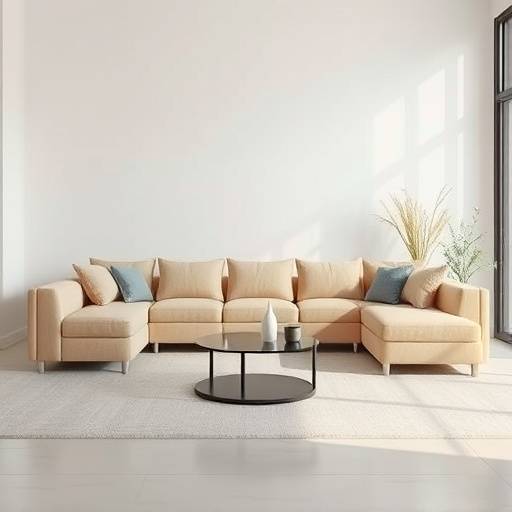 Minimalistisk stue med en lav modulsofa i beige og et rundt salongbord i glass