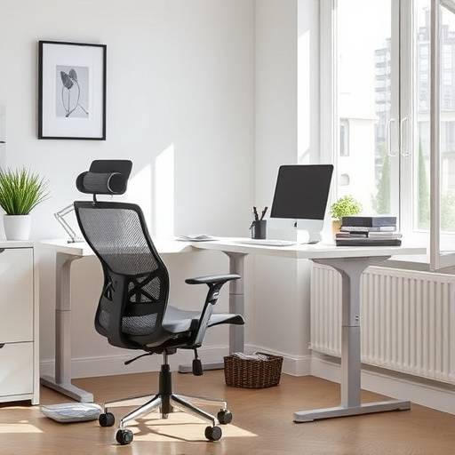Moderne hjemmekontor med en justerbar pult og en ergonomisk kontorstol i mesh