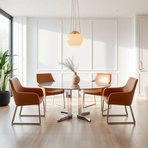 Moderne spisestue med et rundt spisebord i glass og elegante stoler i skinn